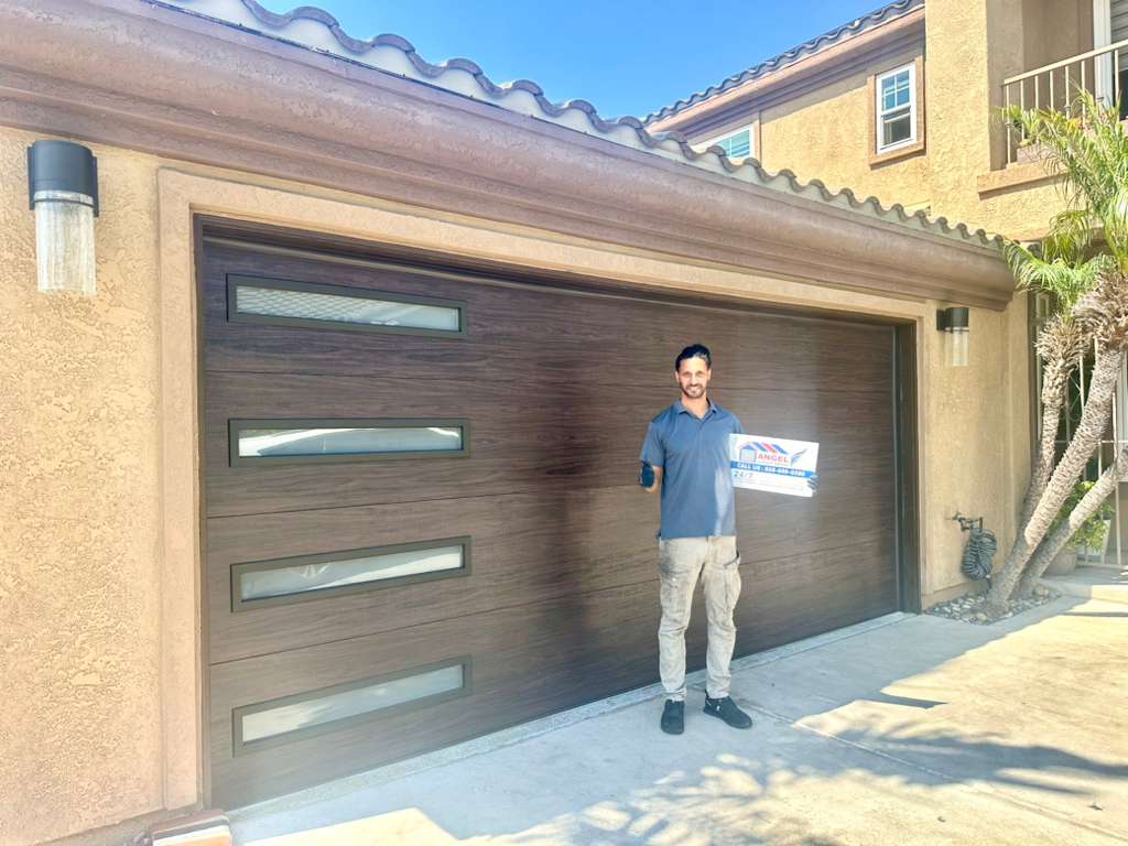 Dark woodgrain door with vertical glass