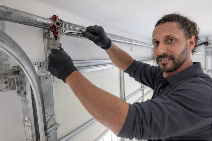 Technician repairing a residential garage door in San Diego CA